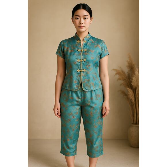 Vntg Peony Shanghai China Silk Jacquard 2pc Set XS Oriental Lounge Quietlux - Picture 2 of 16